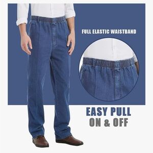 🌙 B156 - Mens Elastic Waist Jeans Casual Loose Fit Pull On Jeans Denim Pants